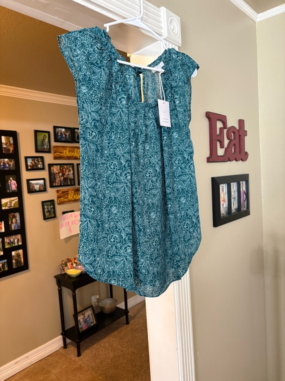 LC Lauren Conrad Teal Floral Cap-Sleeve Blouse